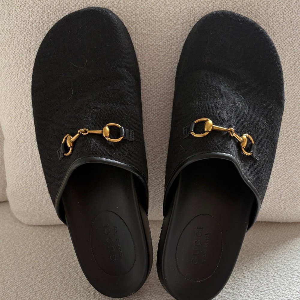 GG Black Mules with Gold Horsebit Detail size 9.5
